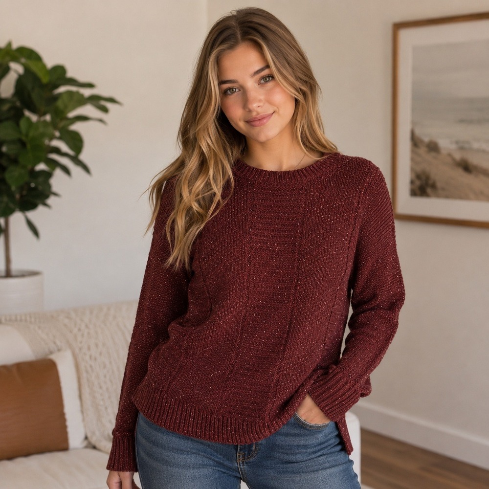 Hollister Sweater Womens M Burgundy Marl Speckled Crew Neck Knit Pullover